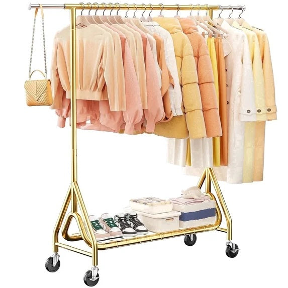 TreGazze Heavy Duty Clothes Rack on Wheels with Shelves, Rolling Clothing Rack for Hanging Clothes,