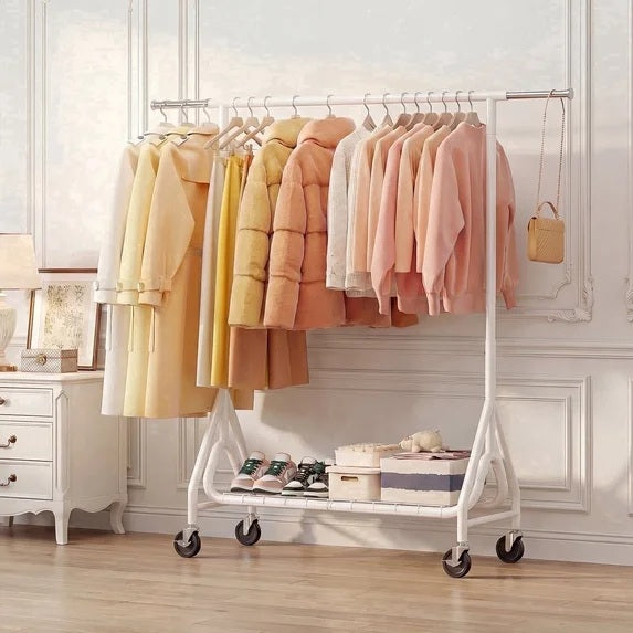 TreGazze Heavy Duty Clothes Rack on Wheels with Shelves, Rolling Clothing Rack for Hanging Clothes,
