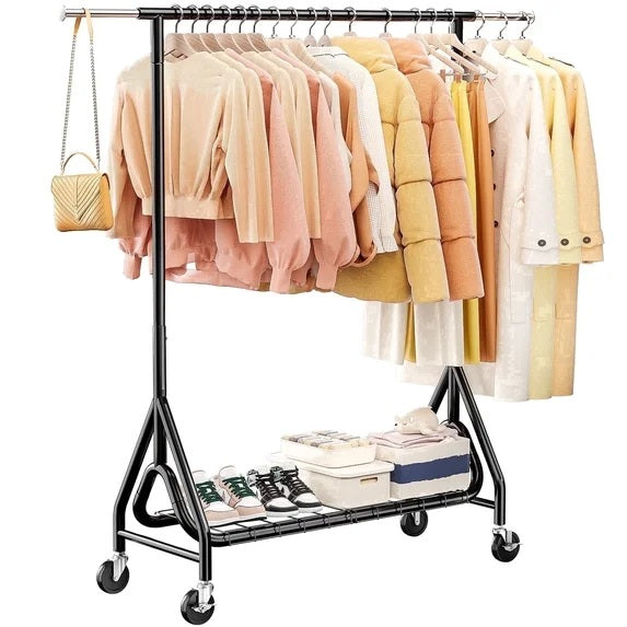 TreGazze Heavy Duty Clothes Rack on Wheels with Shelves, Rolling Clothing Rack for Hanging Clothes,