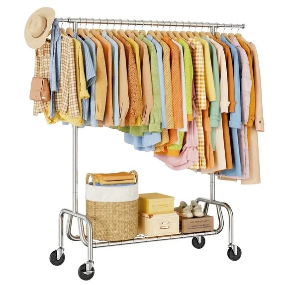 TreGazze Heavy Duty Clothing Rack with Shelves , Adjustable Rolling Clothes Rack for Hanging Clothes, 450 lbs Capacity