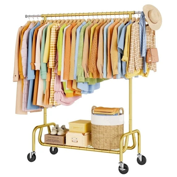 TreGazze Heavy Duty Clothing Rack with Shelves , Adjustable Rolling Clothes Rack for Hanging Clothes, 450 lbs Capacity
