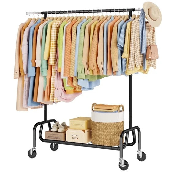 TreGazze Heavy Duty Clothing Rack with Shelves , Adjustable Rolling Clothes Rack for Hanging Clothes, 450 lbs Capacity