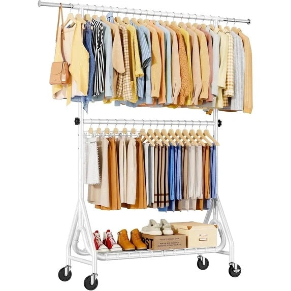 TreGazze Heavy Duty Clothes Rack on Wheels with Shelves, Rolling Clothing Rack for Hanging Clothes,