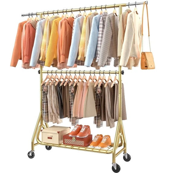 TreGazze Heavy Duty Clothes Rack on Wheels with Shelves, Rolling Clothing Rack for Hanging Clothes,