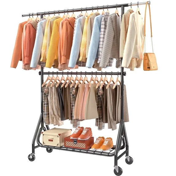 TreGazze Heavy Duty Clothes Rack on Wheels with Shelves, Rolling Clothing Rack for Hanging Clothes,