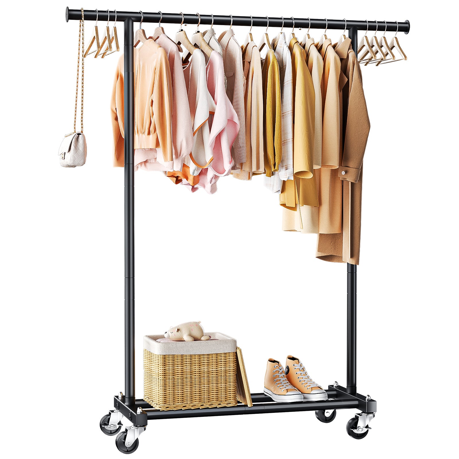 TreGazze Rolling Clothes Rack with Wheels, Portable Garment Clothing Rack for Hanging Clothes and Shoes, Black